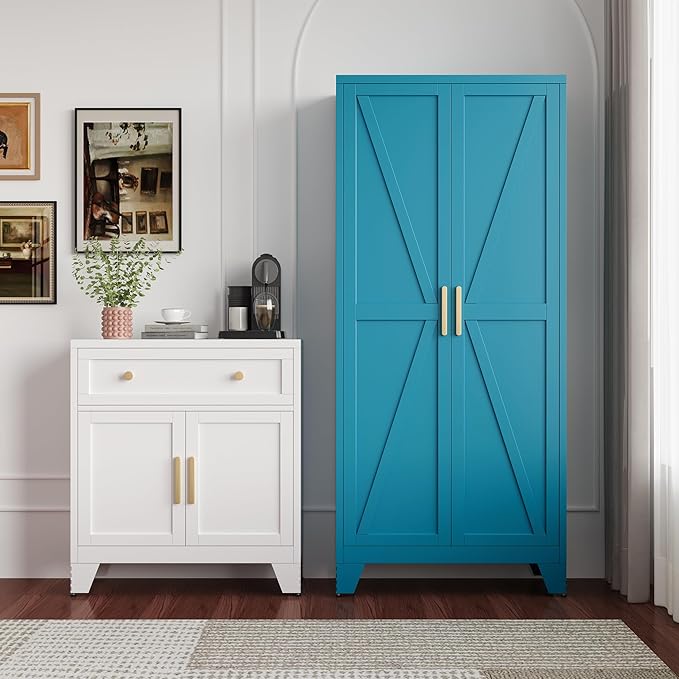 71" Storage Cabinet with Doors and Shelves, Tall Freestanding Pantry Cabinet in Teal Blue with 2 Doors & 4 Adjustable Shelves, All-Steel Farmhouse Cupboard for Kitchen, Garage, Laundry Room