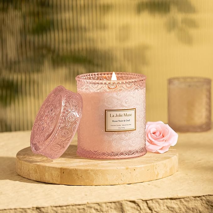 LA JOLIE MUSE Rose Noir & Oud Scented Candle – Lemon, Rose & Oud | Valentine's Day Candle Gift | 19 oz Large Wooden Wick Candle | Natural Soy Wax | 90 Hours Clean Burn | Elegant Home Décor