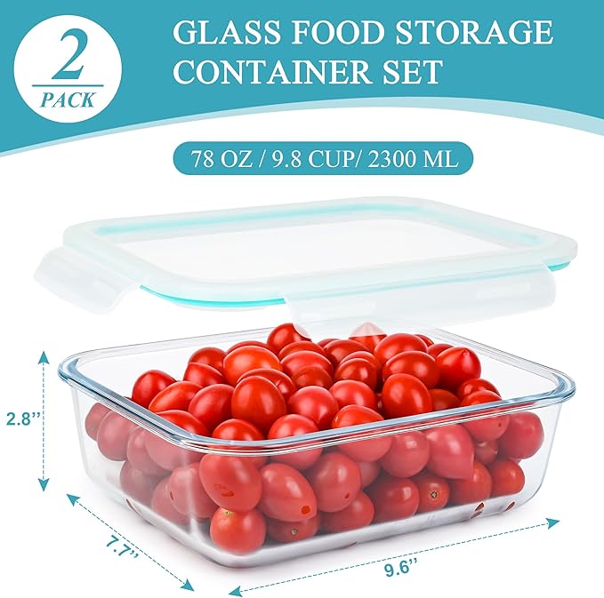 GEHE 9.8 Cup / 78 Oz Large Glass Food Storage Containers with Lids, 2 Pack Glass Meal Prep Containers Set with Airtight Locking Lids - Storing Food, Baking, Leakproof, Freezer, Microwave & Oven Safe