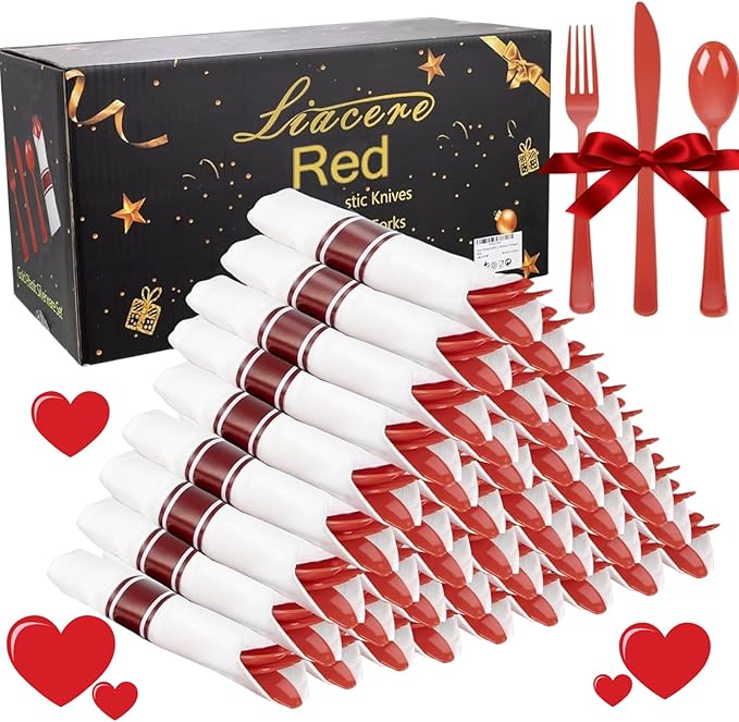 Liacere 400PCS Pre Rolled Red Silverware and Napkin - Disposable Red Plastic Utensils-Wrapped Plastic Cutlery Set with Napkin:100Forks,100Knives,100Spoons,100Napkins for Wedding＆Valentine's Day