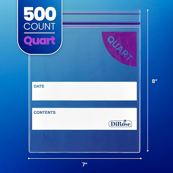 DiRose Quart Bags Pack of 500 – 1 Quart Reclosable Food Storage Bags – Practical and Durable Design – Food Safe Non-BPA Material – Easy Double Zip Closure – Ideal for Food, Snacks, Organizing