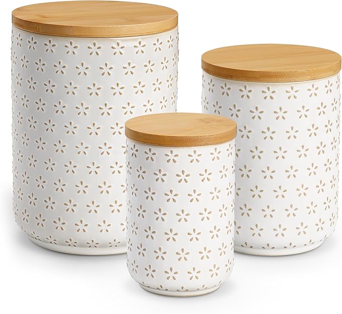 MALACASA LYDIA Ceramic Canisters Set with Airtight Lids, 80/40/20 oz Coffee Canisters Sets for the Kitchen, Large Jars for Flour, Sugar, Pasta, Coffee, Cookies, Tea - Set of 3, Five-Leaf Grass
