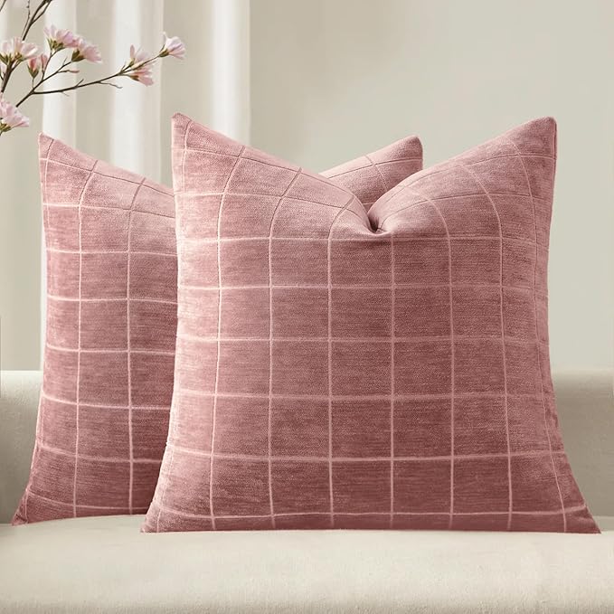 MIULEE Valentines Decorative Chenille Throw Pillow Covers Vintage Plaid Couch Pillows 20x20 Inch Set of 2 Boho Farmhouse Cushion Covers Modern Spring Home Decor for Sofa Bed Living Room Blush Pink