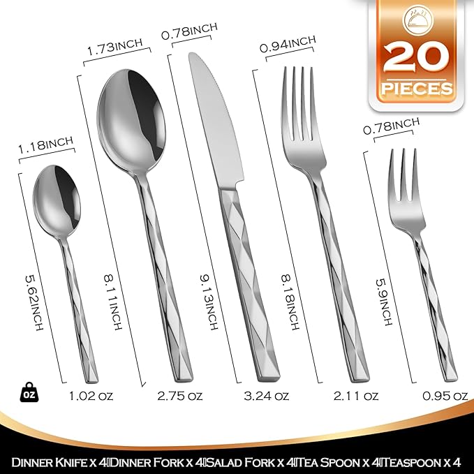 Silverware Set, Luxury 20-Piece Flatware Set for 4, Cutlery Set Stainless Steel, Diamond Cut Pattern, Home, Wedding & Party, 18/10 Stainless Steel Tablewaret & Dishwasher Safe Utensils.