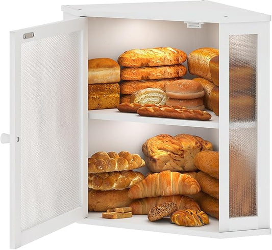 Corner Bread Box for Kitchen Countertop,Bread Storage for Homemade Bread, Double Layer Large Bamboo Kitchen Storage Bin with Window (White, Large)