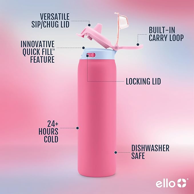 Ello Pop & Fill Stainless Steel Water Bottle with Quick Fill Technology, Double Walled Vacuum Insulated Metal, Leak Proof Locking Lid, Sip & Chug, BPA Free, Holiday Gift for Him Her, 22oz, 32oz, 40oz