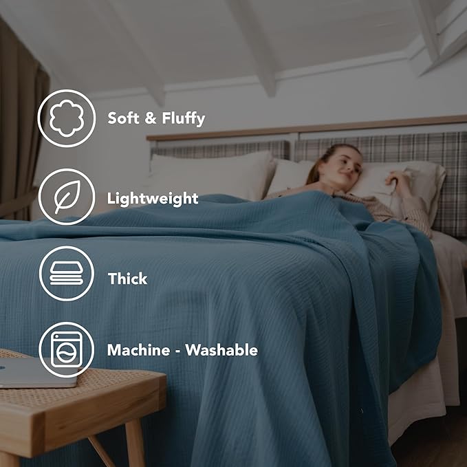 Goqan Muslin Blanket Queen 79x90 – 100% Turkish Cotton 4 Layer Boho Muslin Blanket for Adults, Four Season, Lightweight and Thin, Soft, Breathable for Bed - Teal