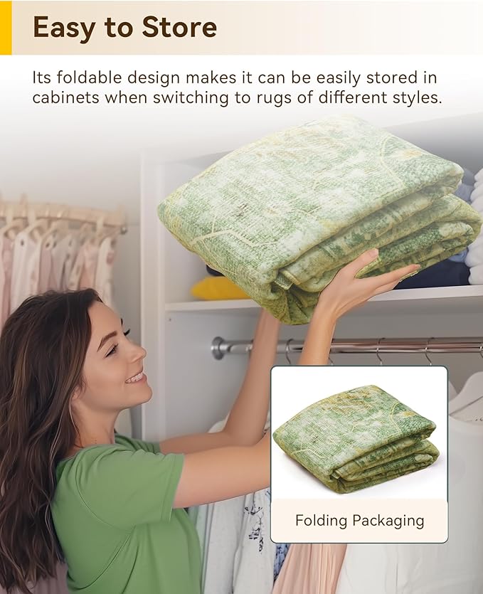 RELEANY Area Rugs 8ft Washable Non-Slip, Floral Vintage Distress Print Pattern Medallion Carpet for Living Room Bedroom Dining Room, Sage Green Yellow