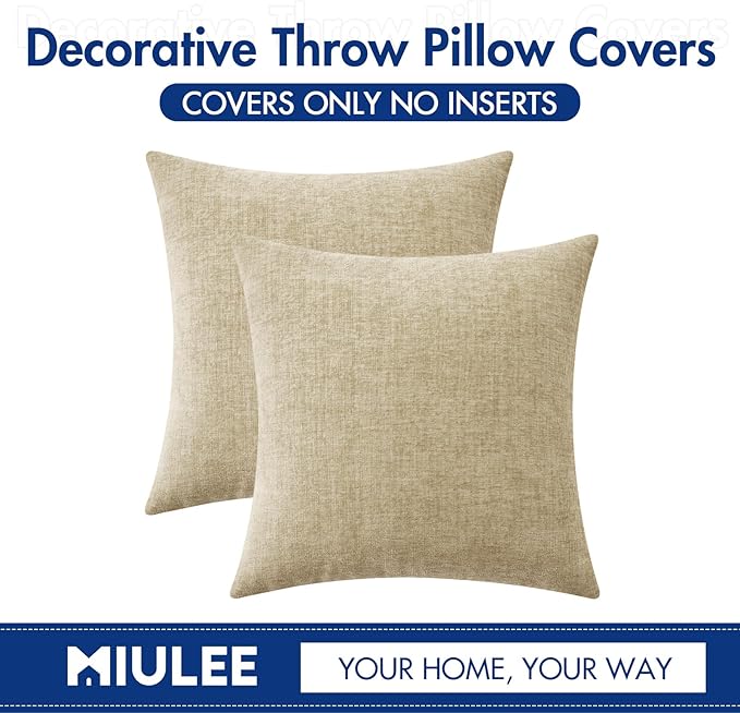 MIULEE Pack of 2 Beige Throw Pillow Covers 18x18 Inch Soft Chenille Pillow Covers for Sofa Living Room Spring Home Decor Couch Solid Dyed Cases Not Pillow Inserts