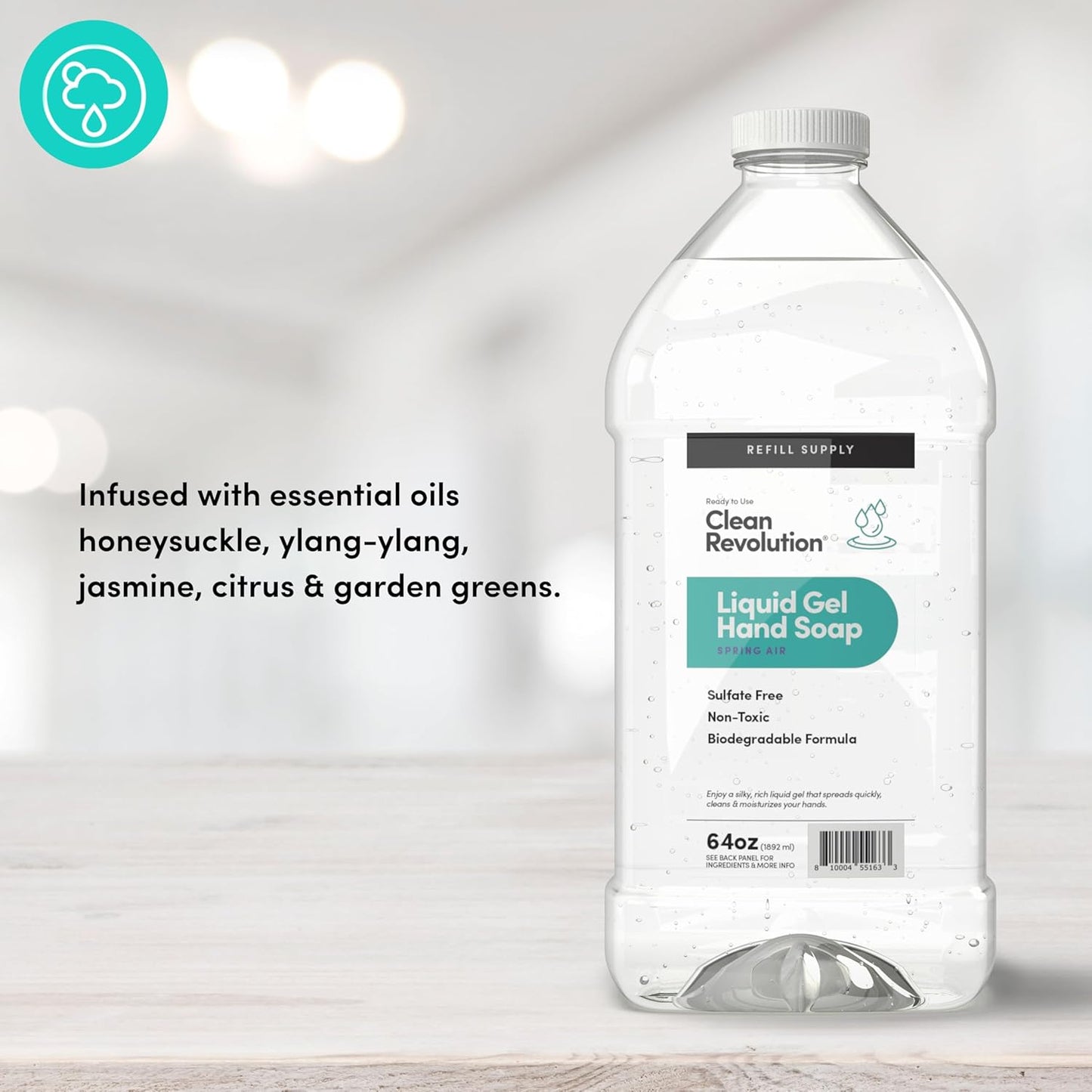 Clean Revolution Liquid Gel Hand Soap, Silky Rich Liquid, Quick Lather, Fast Rinsing, Contains Real Essential Oils (Spring Air) 64 Fl Oz