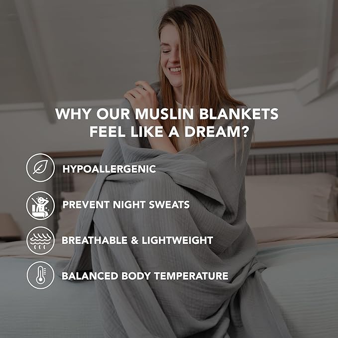 Goqan Throw Blanket 55x60 – 100% Turkish Cotton 4 Layer Boho Muslin Blanket for Adults, Four Season Blanket Lightweight and Thin, Soft, Breathable for Bed, Couch, Picnic - Light Grey