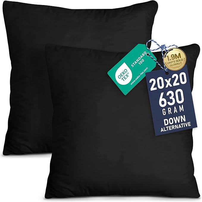 Utopia Bedding 20x20 Pillow Inserts, Set of 2, Black – Indoor Decorative Throw Pillows for Bed, Sofa & Couch – Soft, Supportive & Fluffy Cushion Inserts