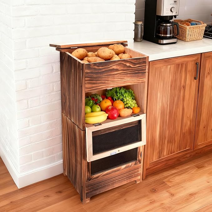 Large Potato and Onion Storage Bin - Wooden Stackable Bread Storage Box with Lid & Mesh Doors, Decorative Fruit and Vegetable Organization Cabinet for Kitchen, 15.75"W x 10.7"D x 33.5"H (Rustic Color)