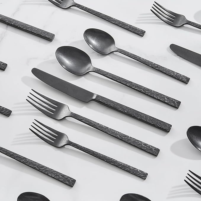 KINGSTONE 60 Pcs Black Hammered Silverware Set for 12, 18/10 Stainless Steel Heavy Duty Flatware Set, Tableware Cutlery Utensil Sets for Home Restaurant Dishwasher Safe