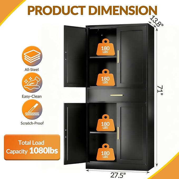 Kitchen Pantry Cabinet,71” Metal Tall Pantry Storage Cabinet with Doors 2 Adjustable Shelves and a Drawer,Kitchen Storage Cabinets Black Freestanding Food Cabinet for Pantries, Kitchen, Dining Room