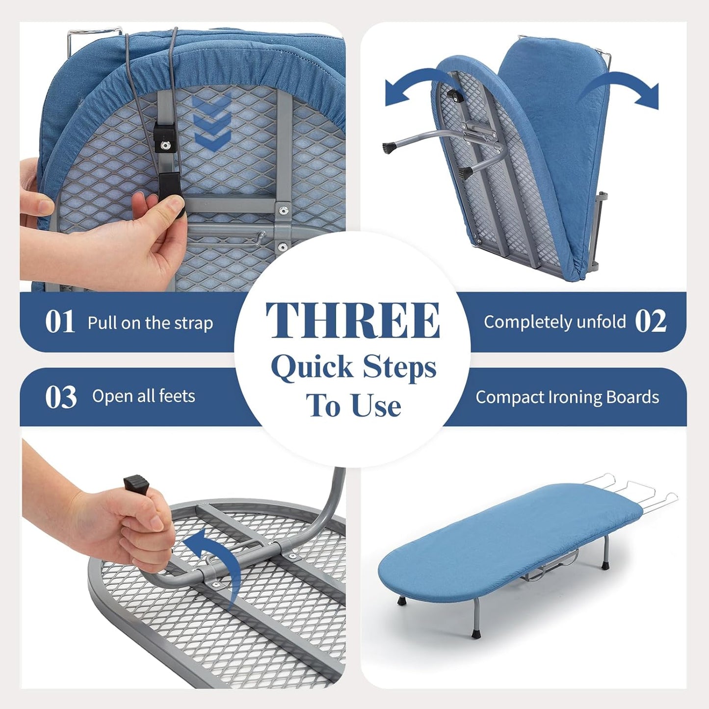 Metal Foldable Iron Board with Iron Holder, RAINHOL Small Ironing Board Tabletop with Heat Resistant Cover, 31x12 Mini Compact Ironing Table for Dorms, Aprtment, Blue