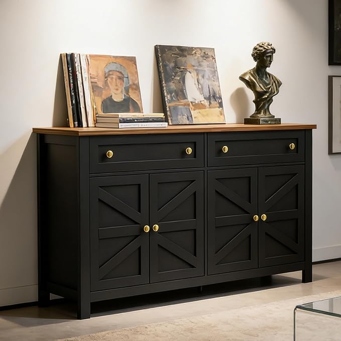 Farmhouse Kitchen Cabinet with Drawers, Rustic Sideboard Buffet Cabinet with Shelves and 4 Doors, Coffee Bar Cabinet, Storage Cabinet for Entryway Living Room Kitchen,Black