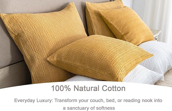 COCOPLOCEUS 18x18 Throw Pillow Covers Set of 2 Boho Decorative Pillow Shams Stone Washed Cotton Pillowcase Waffle Square for Couch Sofa Chair Bed Car, Yellow