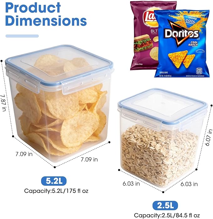 2 Pack Chip Containers for Pantry, Chip Storage Containers Suitable for Corn Chips, Potato Chips, Snacks, Grains, Sugar and Flour, 5.2L/175 Oz, Snack Storage Containers for Pantry, Fridge, and Cabinet