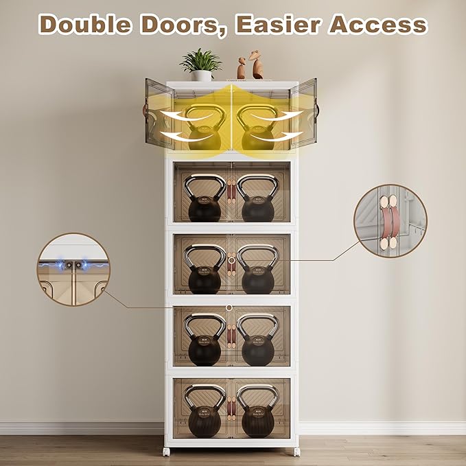 SAILUN 275QT/69Gal Stackable Storage Bins with Lid, Collapsible Storage Bins With Doors and Wheels, Folding Plastic Cabinet Containers for Home Kitchen Closet Organization, 5 Pack