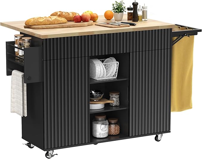 Kitchen Island with Drop Leaf, Rolling Kitchen Island on Wheels, Kitchen Island Cart with Removable Trash Bag, Drawer, Spice Rack, Mobile Island Table with Storage Cabinet, Black