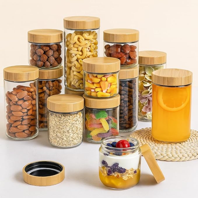 12 Pack 16oz Glass Jars with Bamboo Lids, Spoons, Airtight Overnight Oats Containers, Salad& Yogurt Storage, Mason Jars for Snacks, Spices, Meal Prep – Reusable