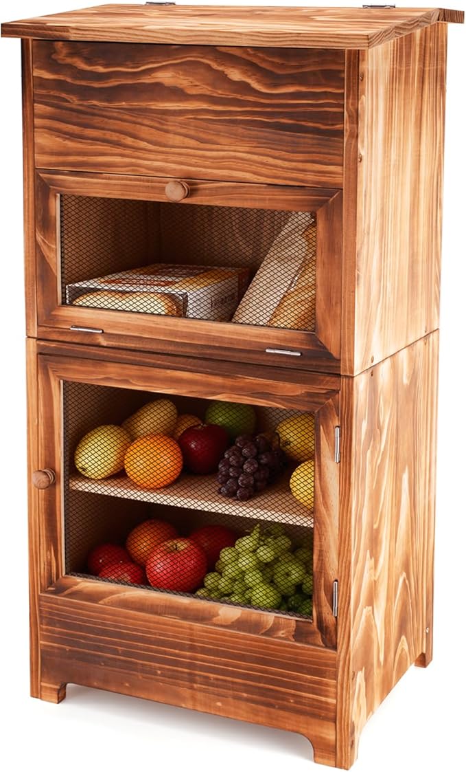 Large Potato and Onion Storage Bin - Wooden Stackable Bread Storage Box with Lid & Mesh Doors, Decorative Fruit and Vegetable Organization Cabinet for Kitchen, 15.75"W x 10.7"D x 33.5"H (Rustic Color)