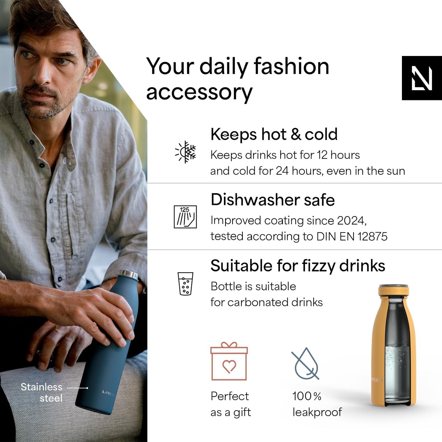 LARS NYSØM Stainless Steel Insulated Water Bottle 12oz 17oz 25oz 34oz 51oz | Insulated Thermo Flask for Hot and Cold Beverages | Leakproof Drinking Bottle (Mustard Yellow, 11.9oz)