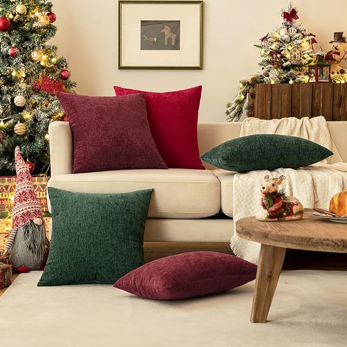 MIULEE Pack of 2 Christmas Wine Red Couch Throw Pillow Covers 20x20 Inch Soft Chenille Pillow Covers for Sofa Living Room Solid Dyed Pillow Cases