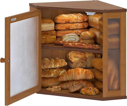 Corner Bread Box for Kitchen Countertop,Bread Storage for Homemade Bread, Double Layer Large Bamboo Kitchen Storage Bin with Window (Brown, Medium)