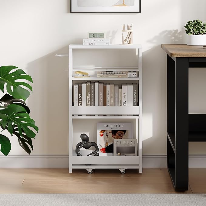 ChooChoo 4-Tier Slim Storage Cart with Handle, 7.87" W Rolling Utility Cart on Universal Wheels, Kitchen Cart Mobile Shelving Organization for Laundry Room, Bathroom & Narrow Places, White