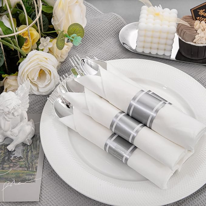 Liacere 100 Pack Silver Plastic Silverware-Pre Wrapped cutlery and Napkin-Pre Rolled Silverware Disposable 100 Forks, 100 Knives 100 Spoons, 100 Napkins Plastic Utensils＆Christmas＆New Year