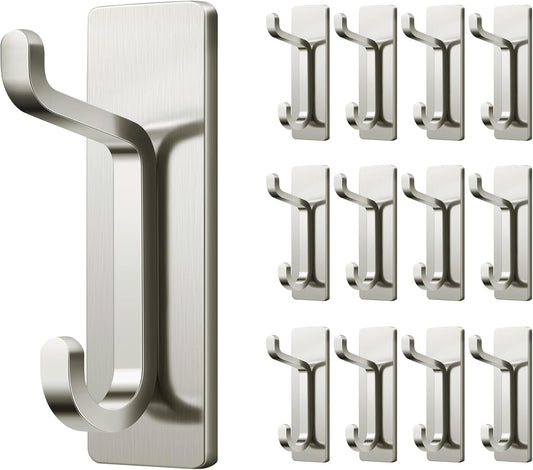 pickpiff Wall Hooks for Coat and Towel: 13LB Adhesive Door Hanger Stick on, Brushed Nickel,12 Pack
