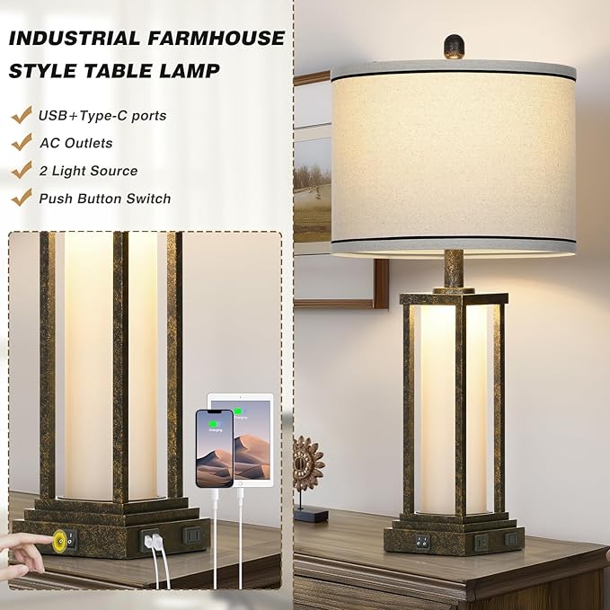 luxeflow 27in Tall Farmhouse Table Lamp with USB C+A & Outlet,Bronze Industrial End Table Lamp for Living Room,Vintage Rustic Bedside Lamp with Night Light for Bedroom Nightstand,Single Bronze