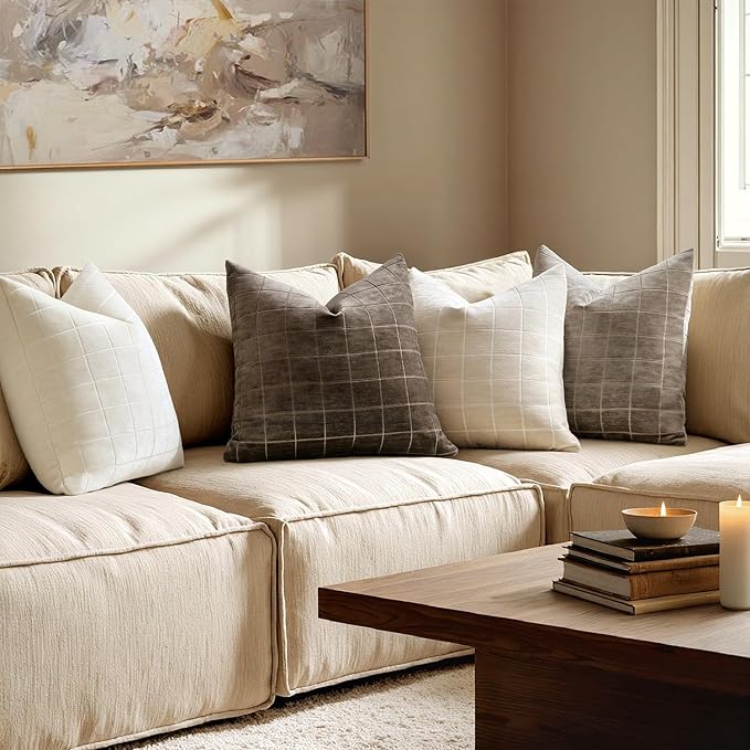 MIULEE Decorative Chenille Check Throw Pillow Covers Vintage Plaid Couch Pillows 18x18 Inch Set of 2 Neutral Boho Farmhouse Cushion Covers Modern Home Decor for Sofa Bed Living Room Brown