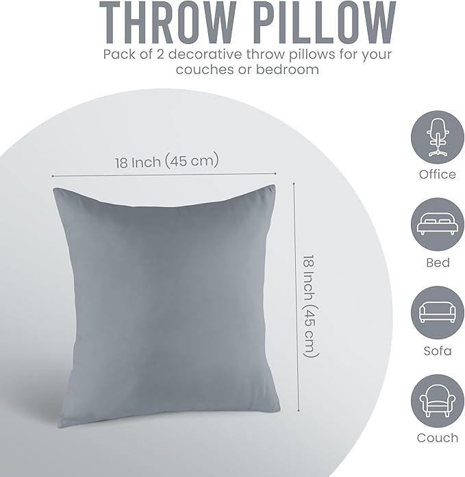 Utopia Bedding 18x18 Pillow Inserts, Set of 2, Grey – Indoor Decorative Throw Pillows for Bed, Sofa & Couch – Soft, Supportive & Fluffy Cushion Inserts