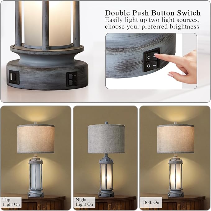 AIEAMPDO Set of 2 Rustic Table Lamps for Living Room, Farmhouse Vintage Nightstand Lamp with 2 USB Ports, Antique Retro Light Green Glass Night Light for Bedroom Entryway, 4 Bulbs Included