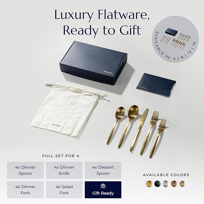 JazzUpCo Ava Flatware Flatware non toxic 18/10 stainless steel dishwasher safe (Matte Gold, 12 Person Set (60 Pieces))