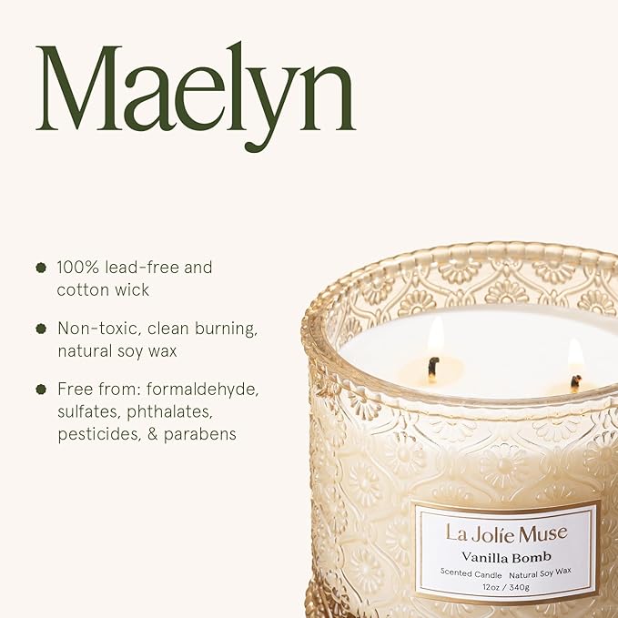 LA JOLIE MUSE Vanilla Bomb Candle | Lemon Zest, Fressia & Patchouli | 12 oz Large 2-Wick Soy Wax Candle | 60 Hours Clean Burn | Valentines Day Decor & Gift for Her