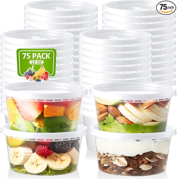 75 Sets 12oz Deli-Containers-with-Lids-Airtight-Plastic-Food-Storage-Containers-with-Lids-Soup-Slime-Overnight-Oat-To-Go-Containers