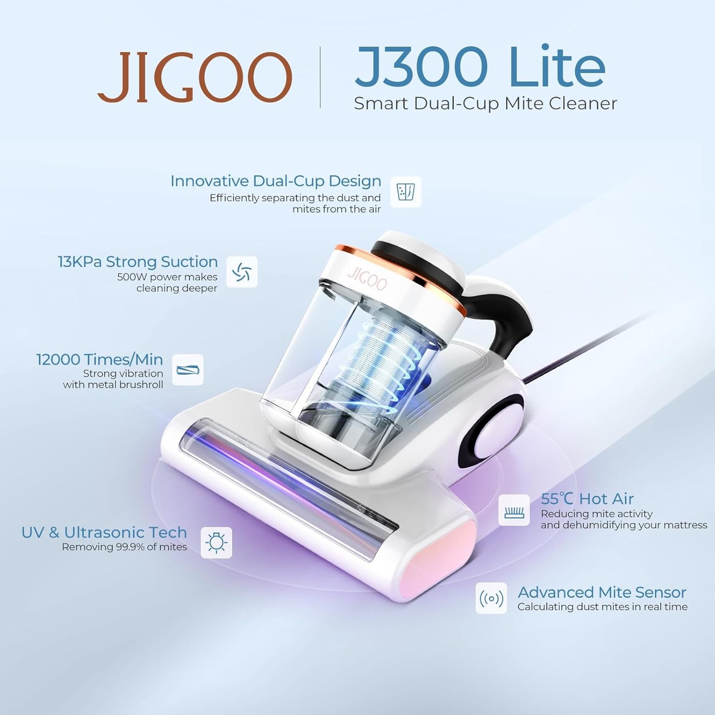 JIGOO J300 Lite Mattress Vacuum Cleaner，Bed Vacuum Cleaner with Dust Sensor with 253.7nm UV-C Light，Ultrasonic and High Heating Multifunctional Handheld Vacuums for Bed, Sofa, Couch （Corded）