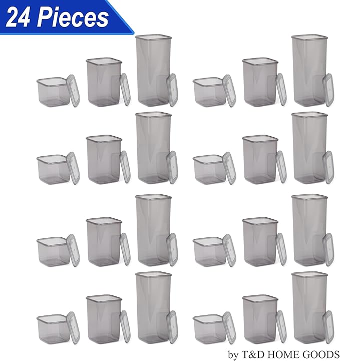 T&D HOME GOODS Storage Jars with Lid, Airtight, Set of 24 Storage Containers, BPA-Free, Storage Container for Cereal, Flour, Kitchen, Practical Organiser Kitchen, (24, 3 Square diff size)