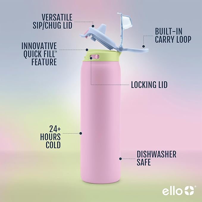 Ello Pop & Fill Stainless Steel Water Bottle with Quick Fill Technology, Double Walled Vacuum Insulated Metal, Leak Proof Locking Lid, Sip & Chug, BPA Free, Holiday Gift for Him Her, 22oz, 32oz, 40oz