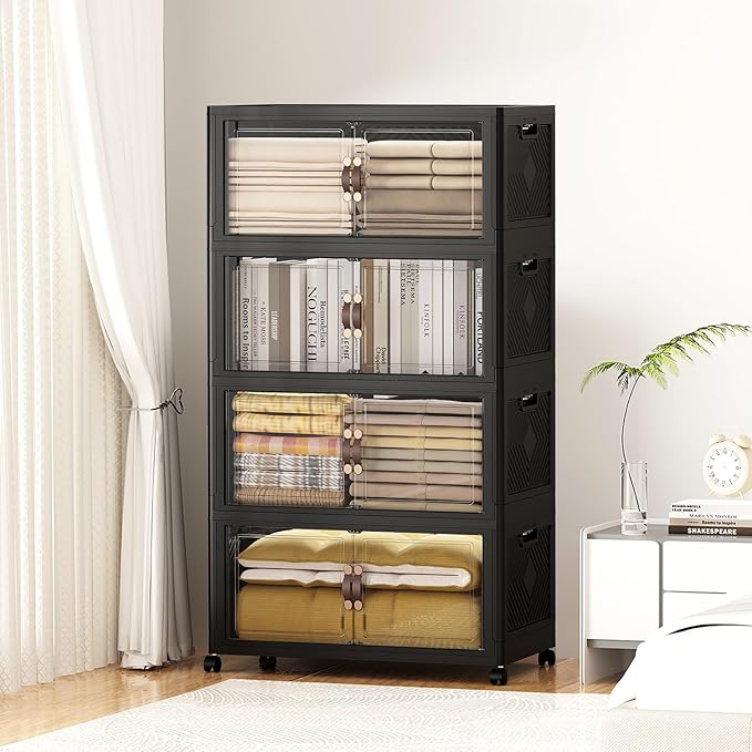 SAILUN 500QT Stackable Storage Bins with Lid, Collapsible Storage Bins With Doors and Wheels, Folding Plastic Cabinet Containers for Home Kitchen Closet Organization, 4 Pack