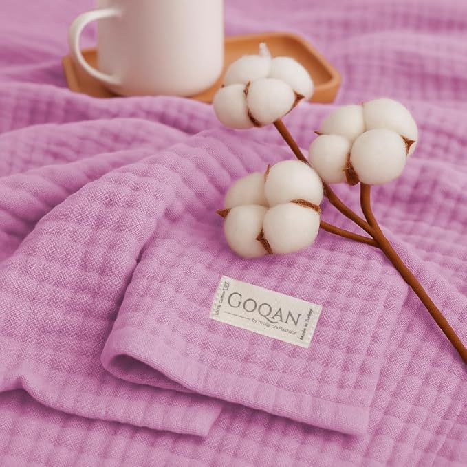 Goqan Throw Blanket 55x60 – 100% Turkish Cotton 4 Layer Boho Muslin Blanket for Adults, Four Season Blanket Lightweight and Thin, Soft, Breathable for Bed, Couch, Picnic - Pink