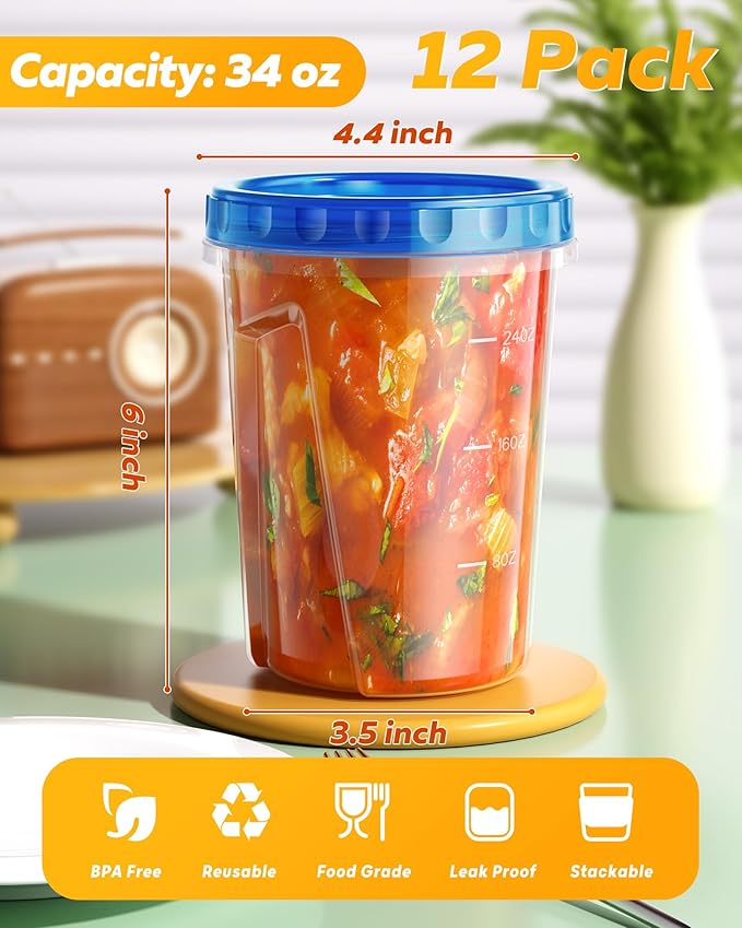 12 Pack-34 oz Freezer Storage Containers, Plastic Food Storage Containers with Twist Top Lids, BPA Free and Reusable Soup Containers with Lids, Leakproof/Microwave/Dishwasher Safe