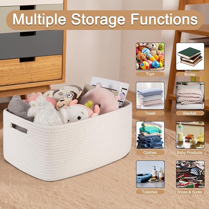 OIASKET Large Storage Basket for Organizing, Woven Rope Basket for Shelves, Closet Organizer Bins for Clothes, Blanket, Toys, Baby Nursery Storage, 17.7" x 13" x 7.87", 2 Packs White