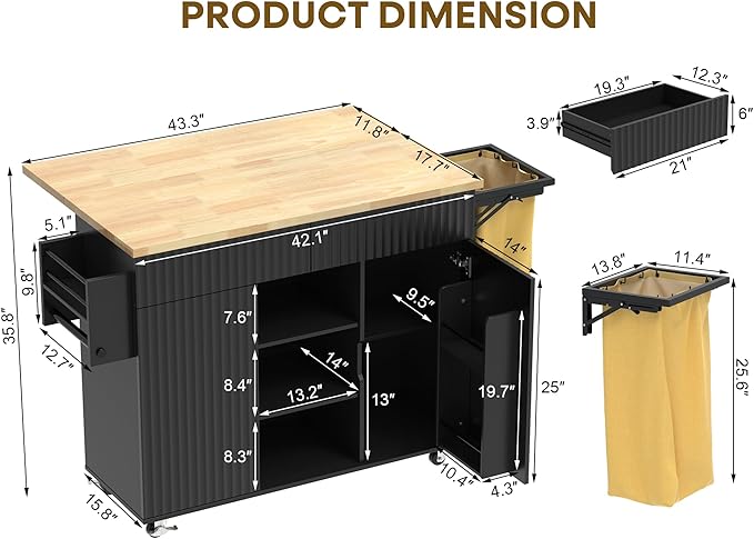 Kitchen Island with Drop Leaf, Rolling Kitchen Island on Wheels, Kitchen Island Cart with Removable Trash Bag, Drawer, Spice Rack, Mobile Island Table with Storage Cabinet, Black