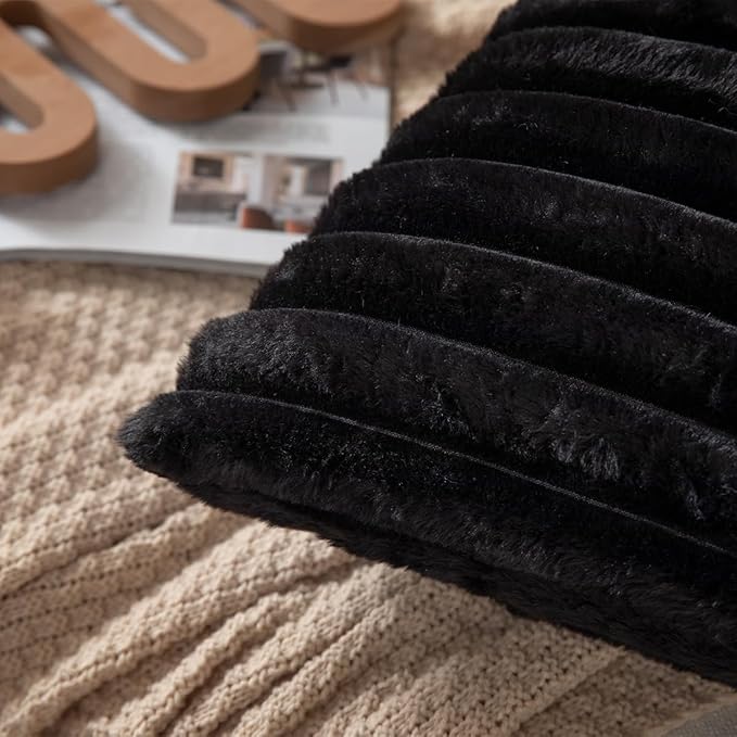 DEELAND Pack of 2,Double-Sided Faux Fur Plush Decorative Throw Pillow Covers Fuzzy Striped Soft Pillowcase Cushion Covers for Sofa Couch Bedroom Black 18x18 inch