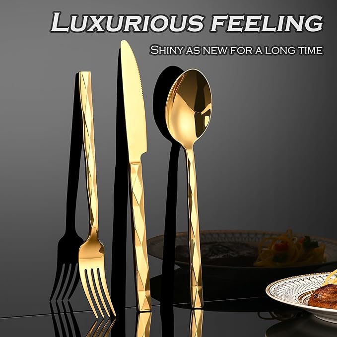 Gold Silverware Set, Luxury 20-Piece Flatware Set for 4, Cutlery Set Stainless Steel, Diamond Cut Pattern, Home, Wedding & Party, 18/10 Stainless Steel Tablewaret & Dishwasher Safe Utensils.